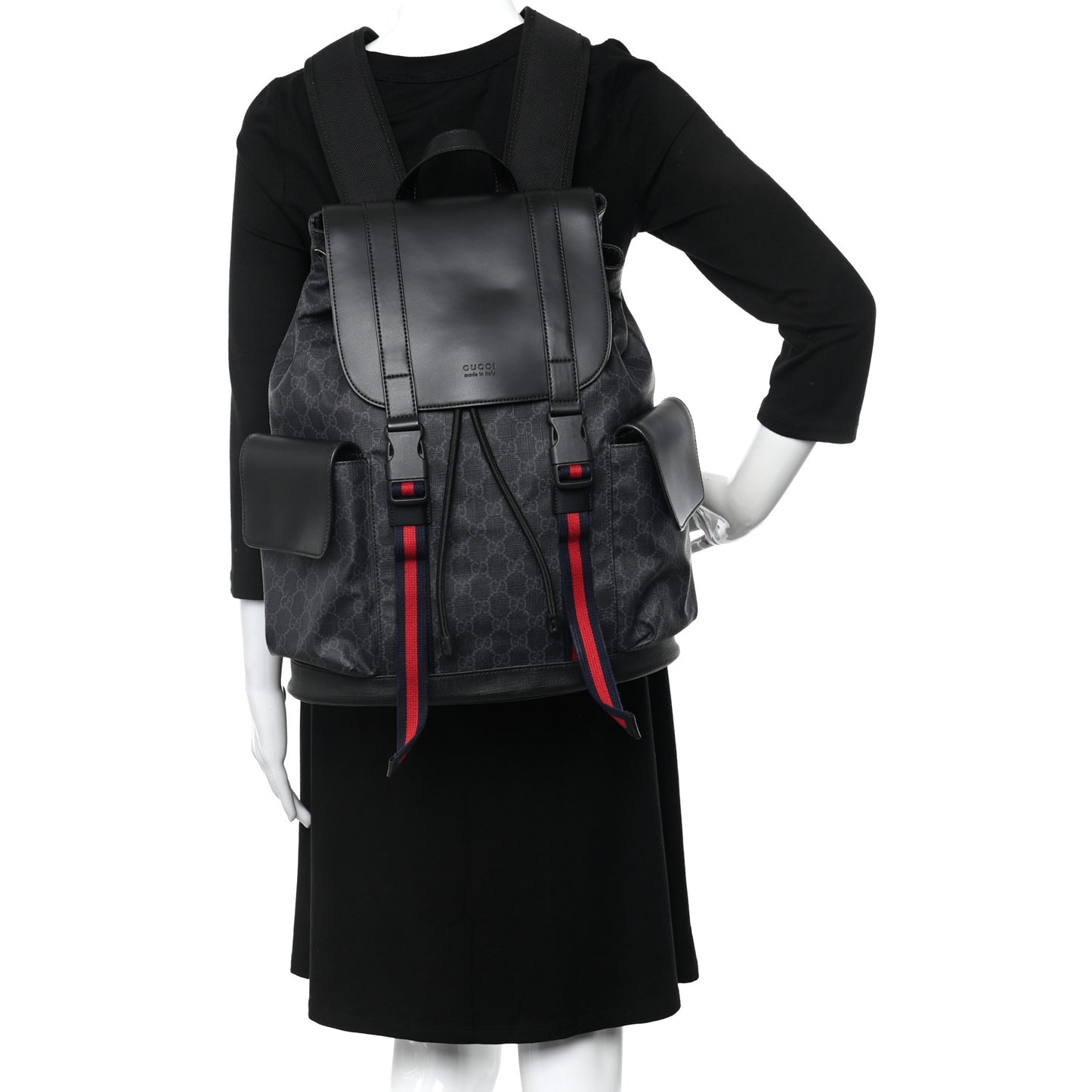 Soft GG Supreme Monogram Appia Calfskin Web Double Buckle Backpack Black