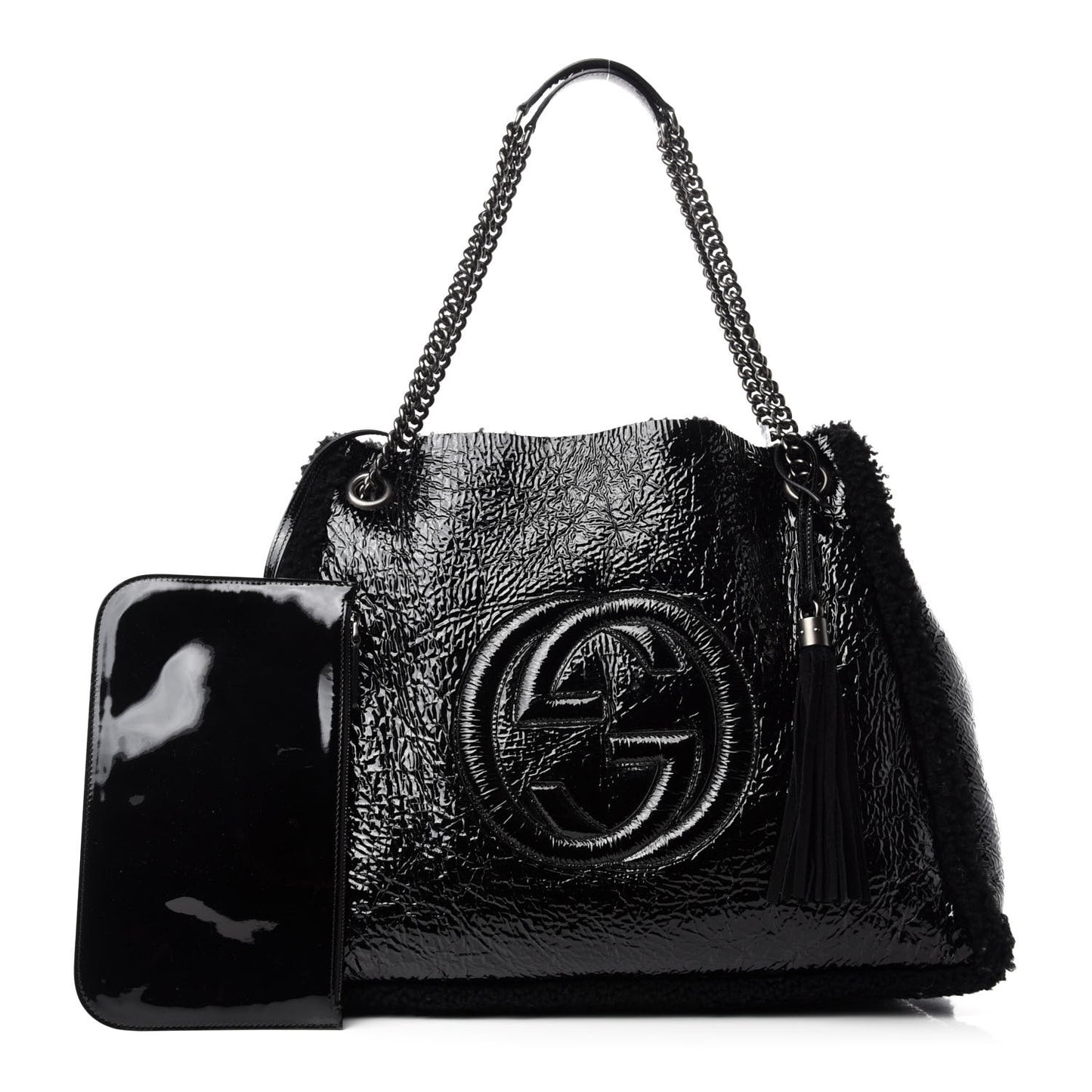 Patent Shearling Large Soho Chain Shoulder Bag Black