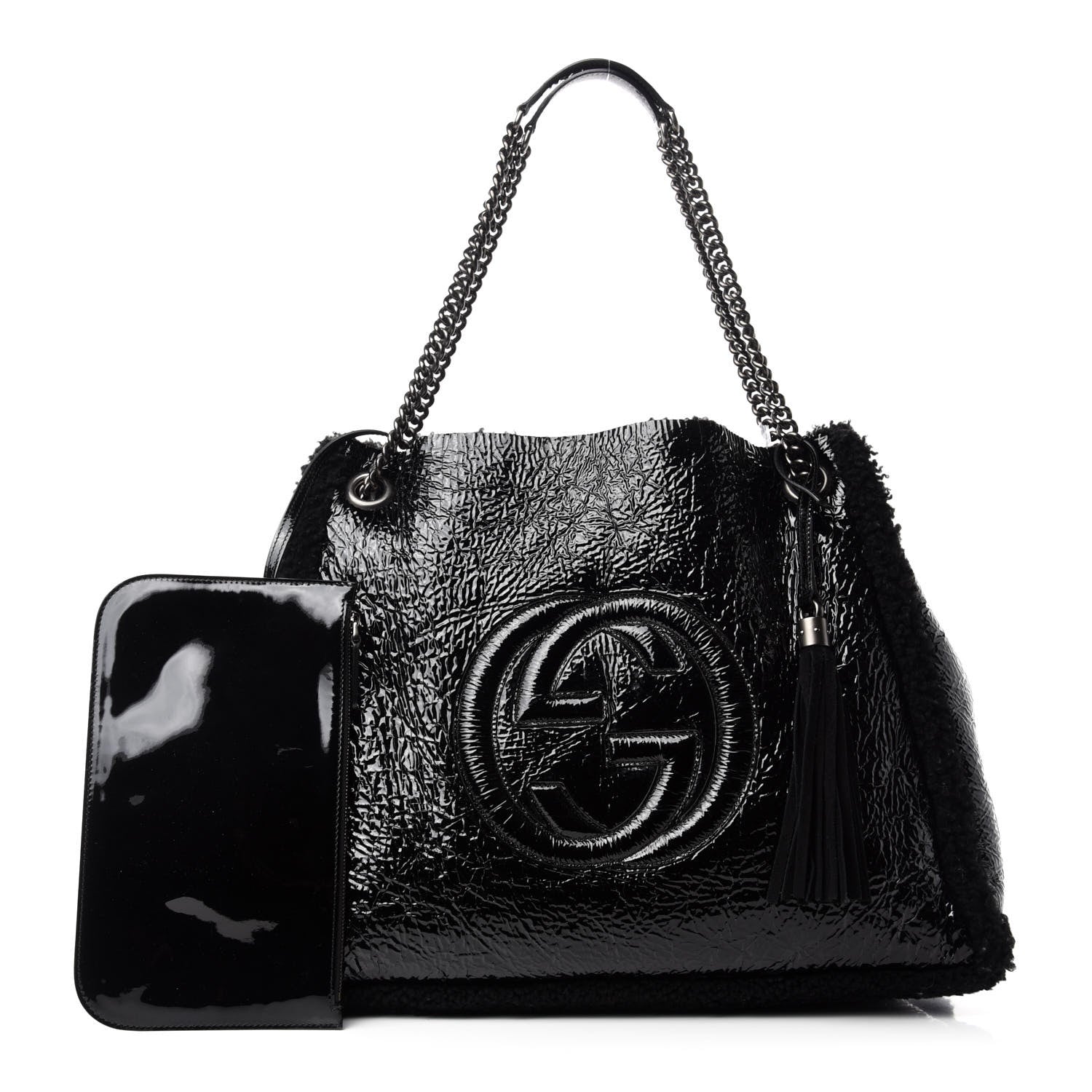Gucci Patent Shearling Large Soho Chain Shoulder Bag Black 1 of 11