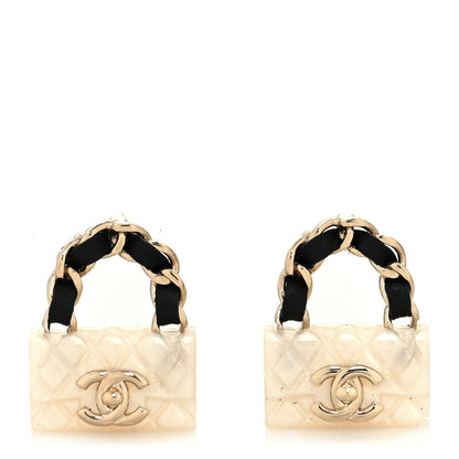 Chanel Resin Lambskin Turnlock Flap Bag Earrings Gold White Black 1 of 4
