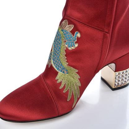 Gucci Silk Satin Malaga Kid Embroidered Candy Dragon Block-Heel Ankle Boot 36.5 Red 9 of 11