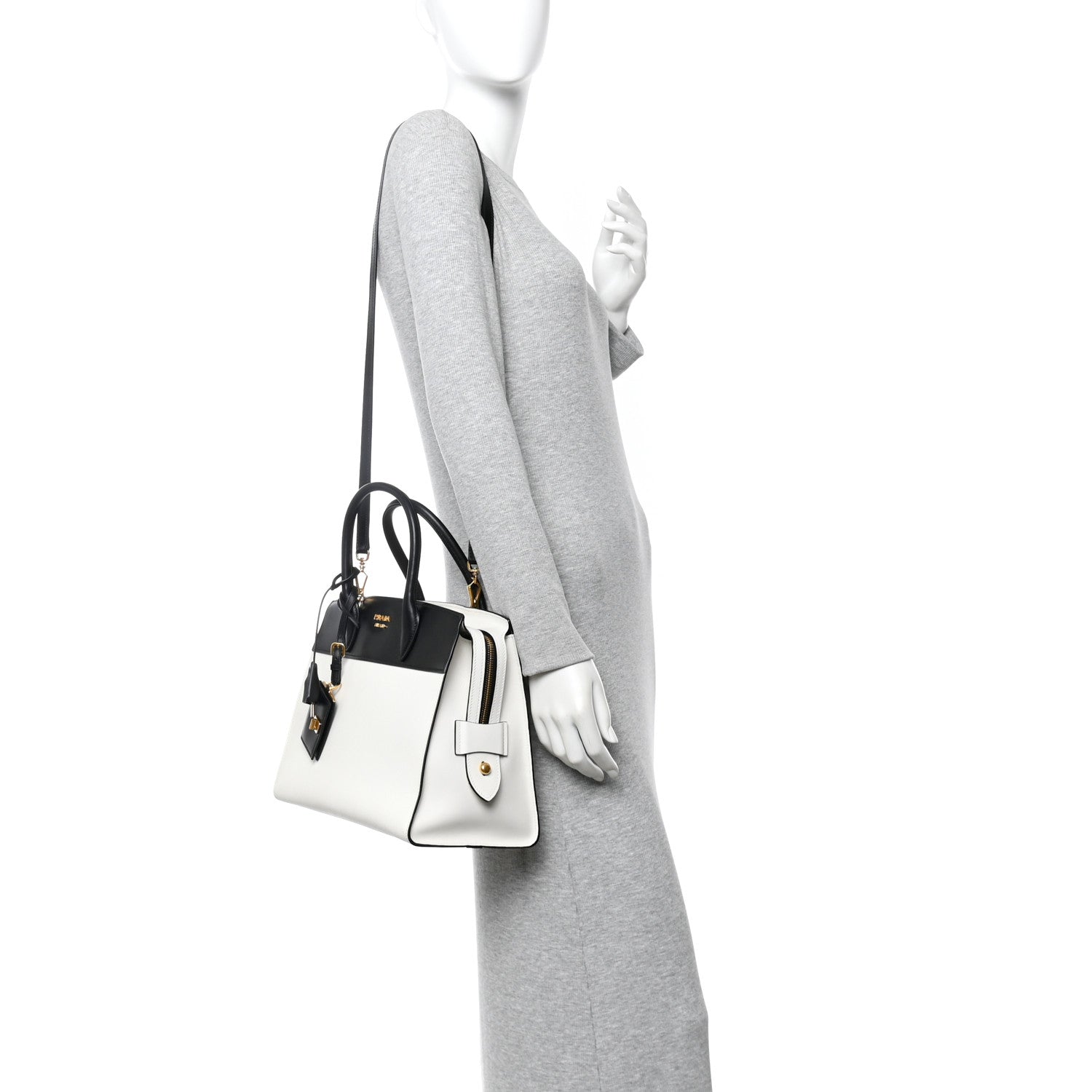 Prada Saffiano City Calfskin Medium Esplanade White Black 2 of 13