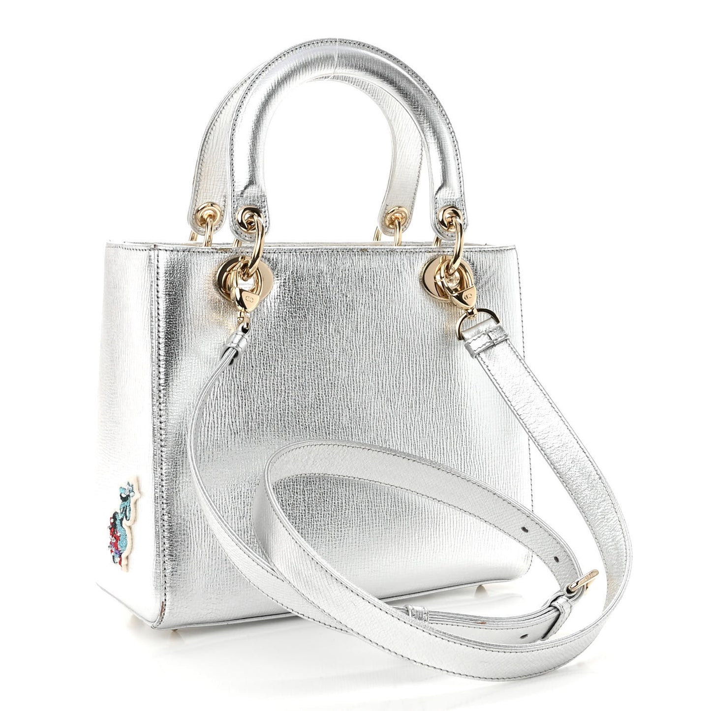 Metallic Calfskin Embroidered Lady Dior Silver Multicolor