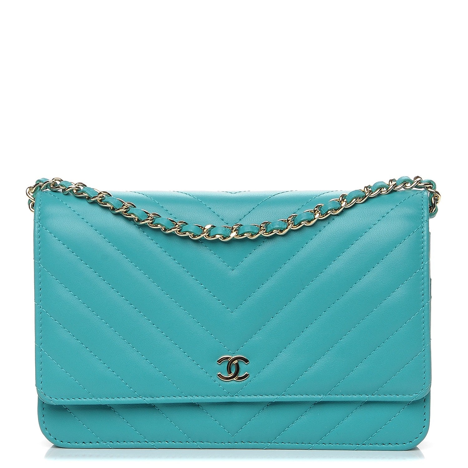 Chanel Lambskin Chevron Wallet On Chain WOC Turquoise 1 of 9