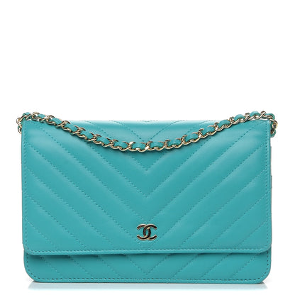 Chanel Lambskin Chevron Wallet On Chain WOC Turquoise 1 of 9