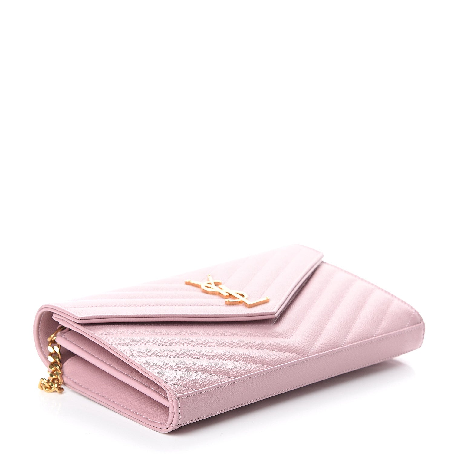 Saint Laurent Grain De Poudre Matelasse Chevron Monogram Chain Wallet Pale Pink 3 of 10