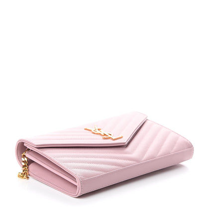 Saint Laurent Grain De Poudre Matelasse Chevron Monogram Chain Wallet Pale Pink 3 of 10