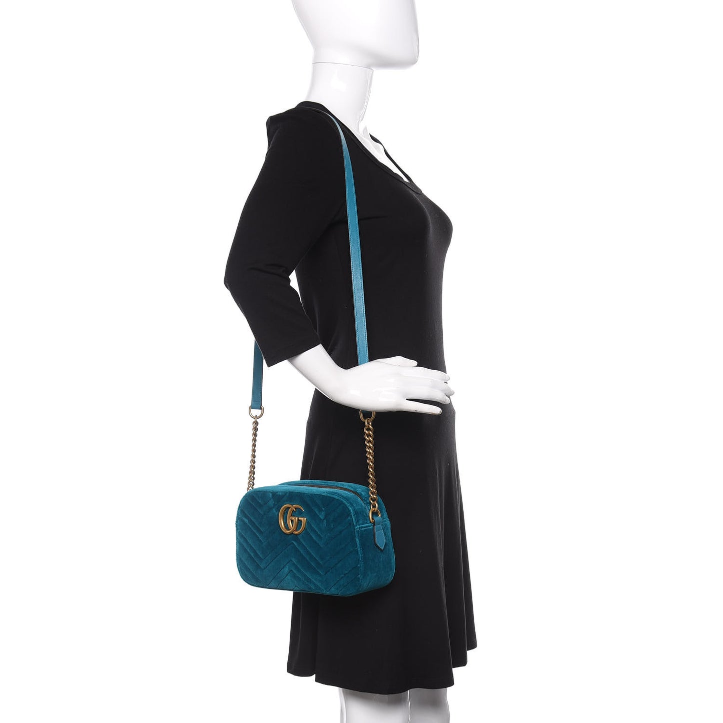 Velvet Matelasse Small GG Marmont Chain Shoulder Bag Pavone Cyan