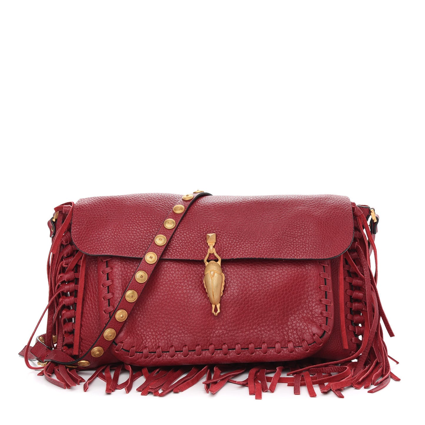 Grained Calfskin C Rockee Scarab Fringe Shoulder Bag Scarlet