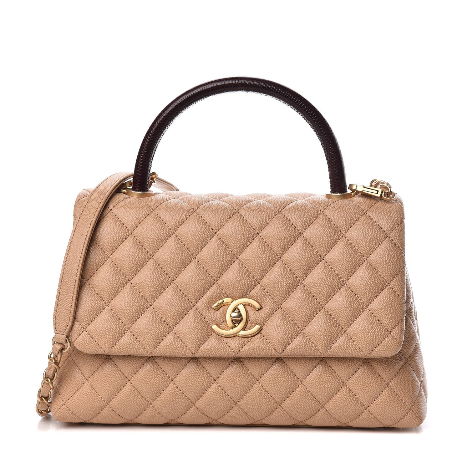 Caviar Lizard Embossed Quilted Small Coco Handle Flap Beige