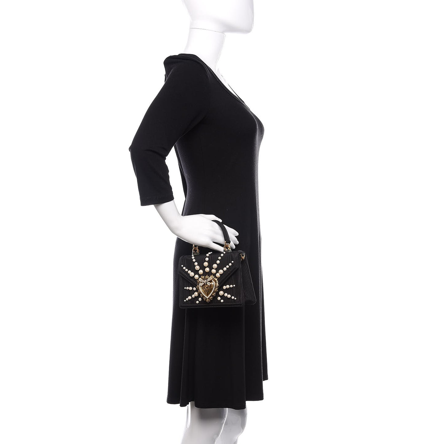 Moire Pearl Embellished Small Devotion Top Handle Bag Black