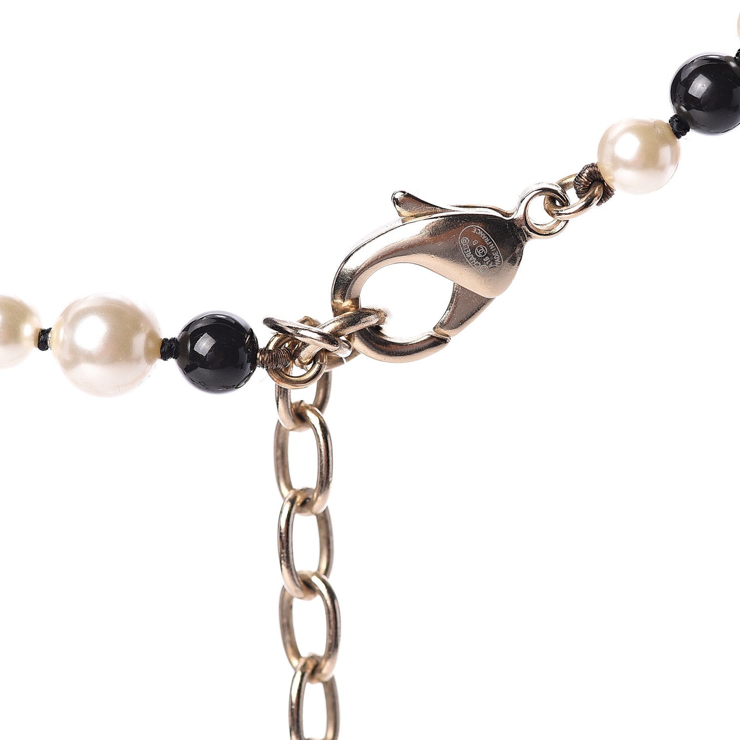 Metal Pearl Beaded Textured CC Long Necklace Gold Black White