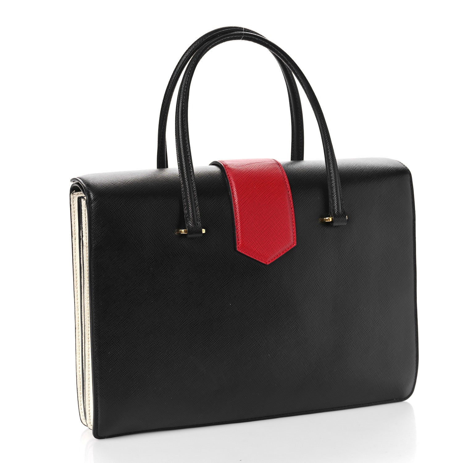 Prada Saffiano Tri-Color Large Turn Lock Satchel Black Talco Rosso 2 of 7