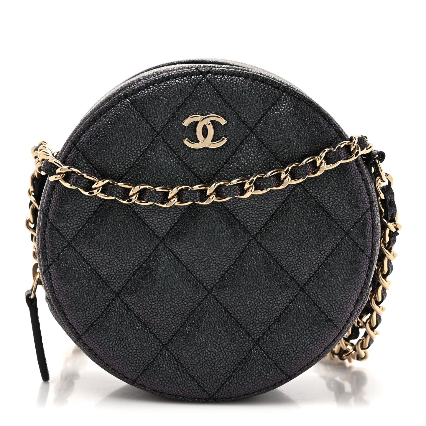 Iridescent Caviar Quilted Round Clutch With Chain Black