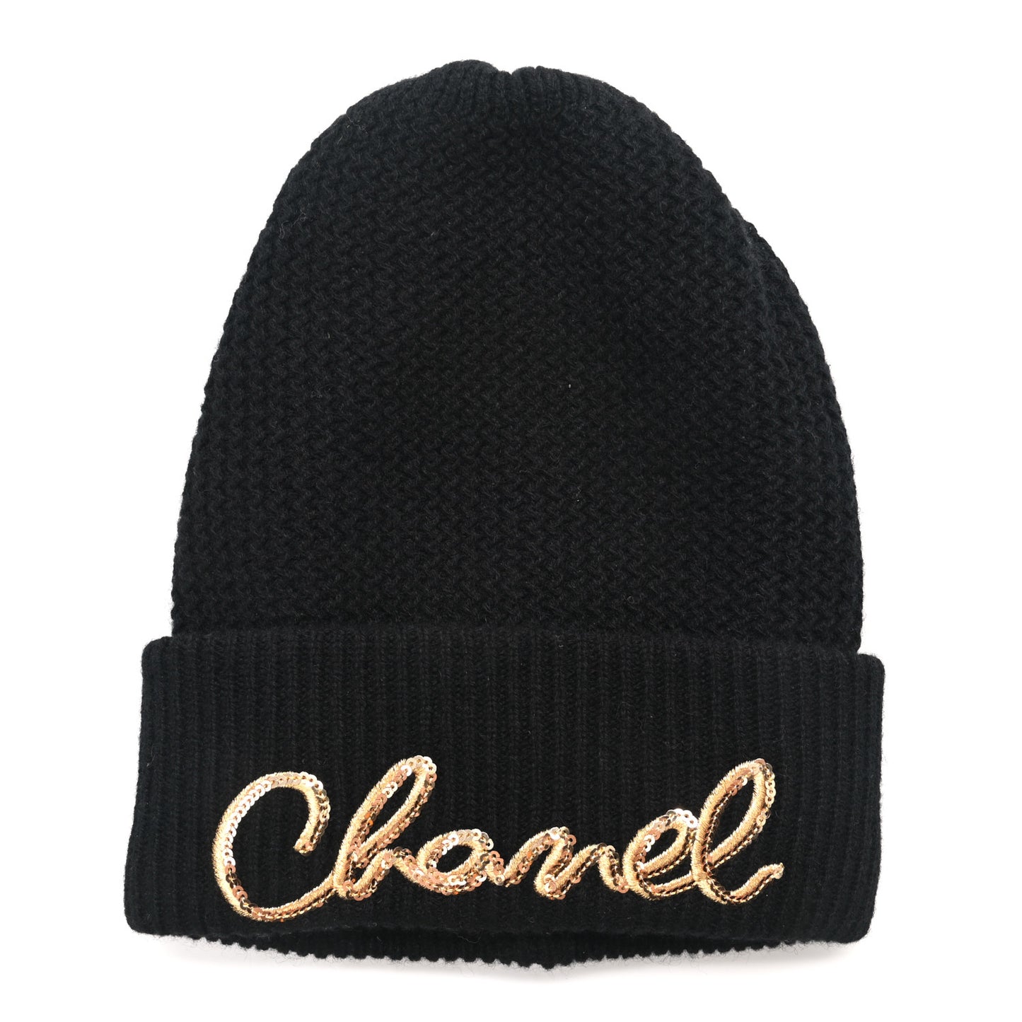 Cashmere Sequin Logo Beanie Hat Black Gold