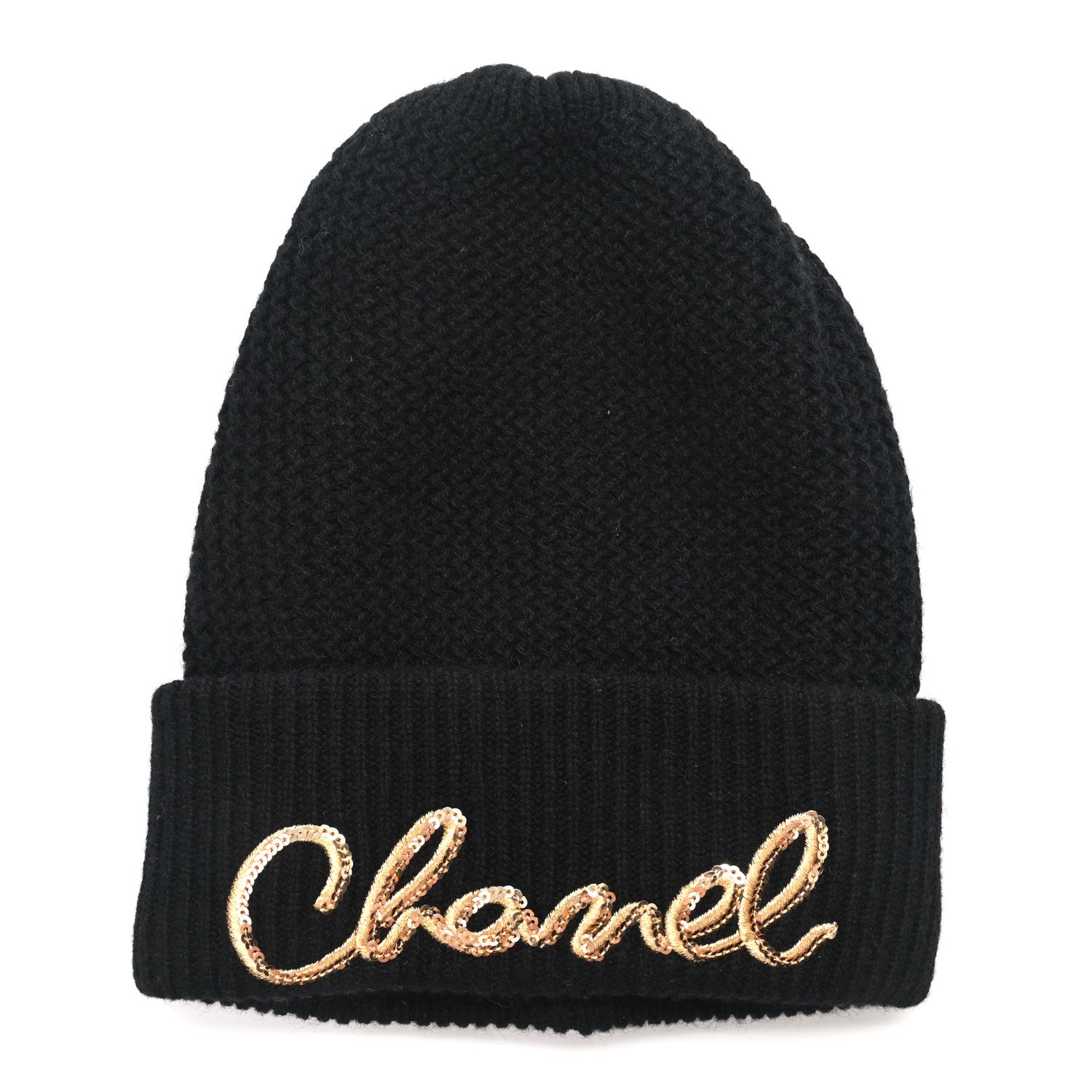 Chanel Cashmere Sequin Logo Beanie Hat Black Gold 1 of 5
