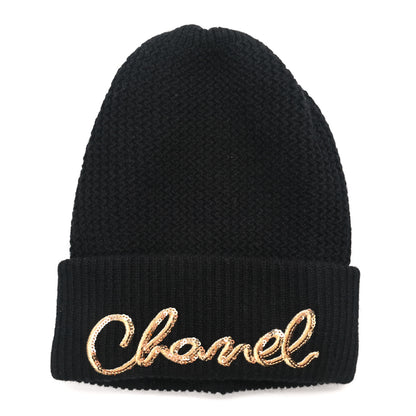 Chanel Cashmere Sequin Logo Beanie Hat Black Gold 1 of 5