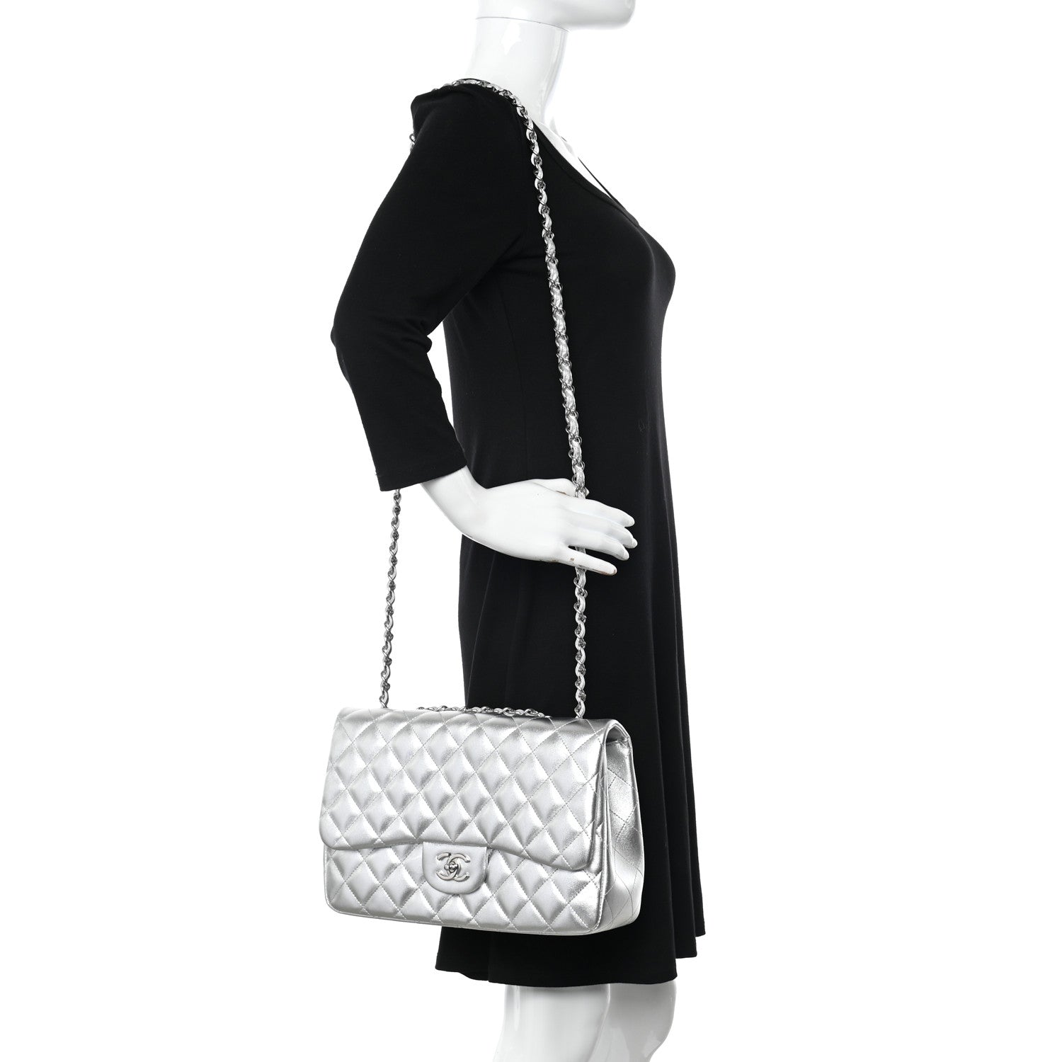Chanel Metallic Lambskin Quilted Jumbo Single Flap Silver 2 of 11