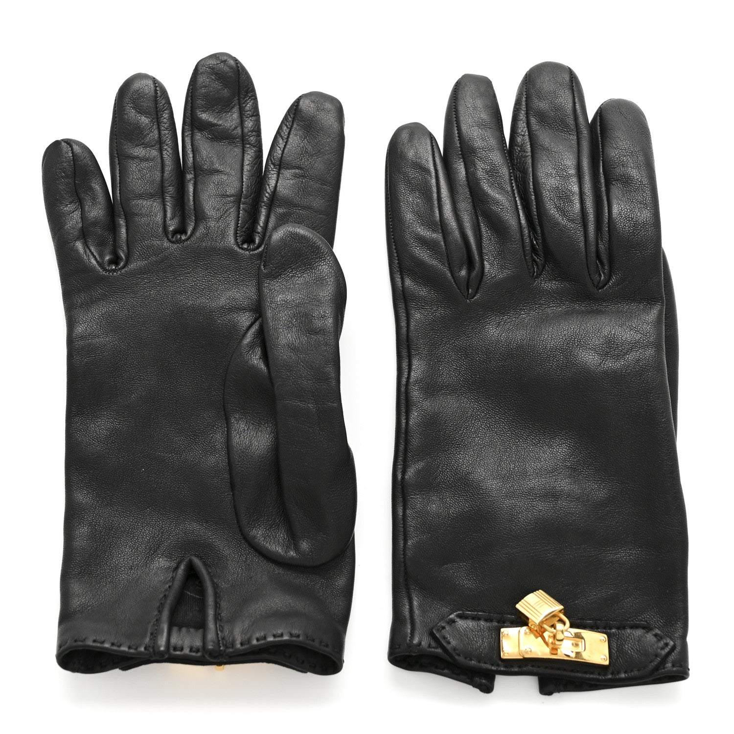 Hermes Lambskin Soya Kelly Lock Gloves 6.5 Black 1856054