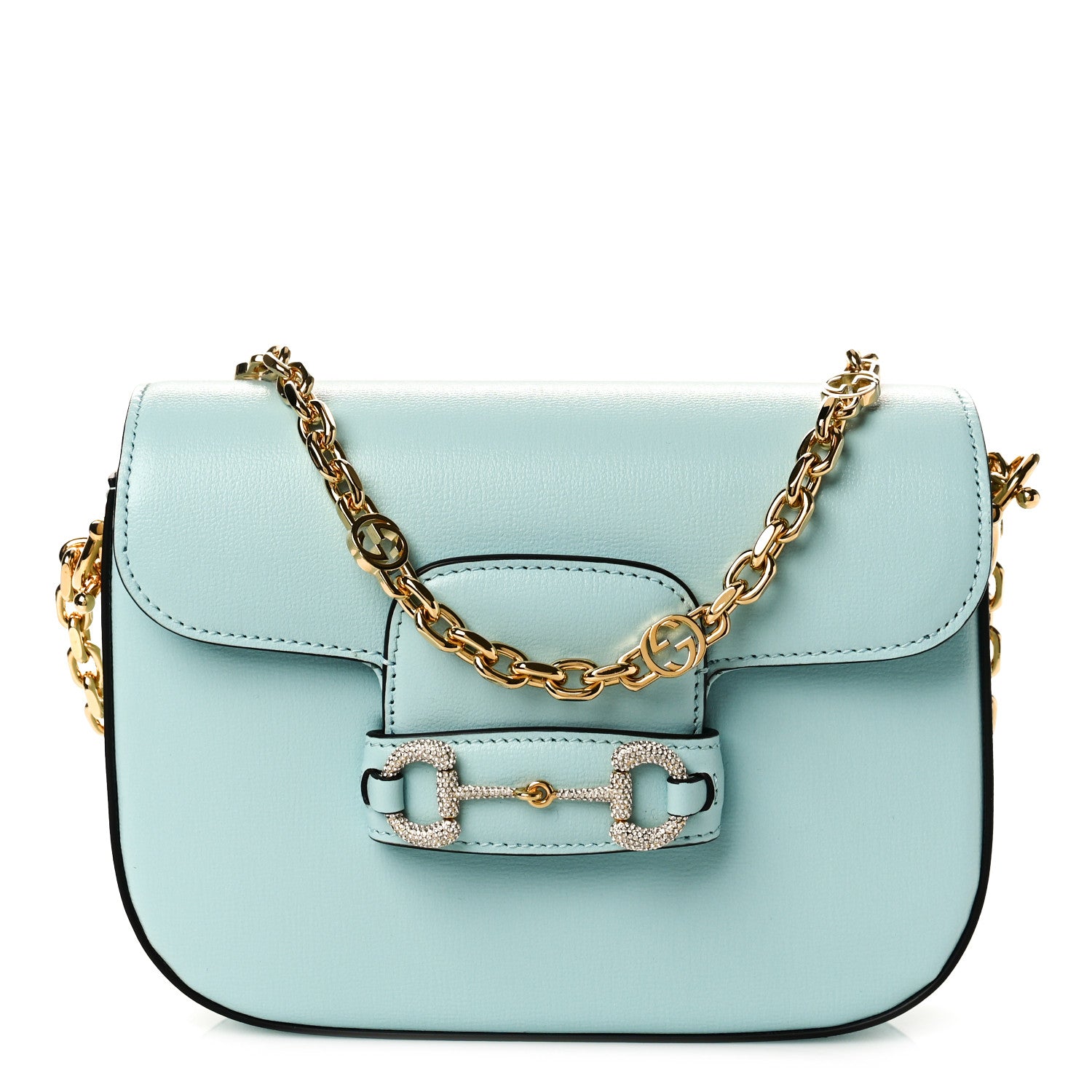 Gucci Azalea Calfskin Crystal GG Monogram Mini Horsebit 1955 Shoulder Bag Light Blue 1 of 11