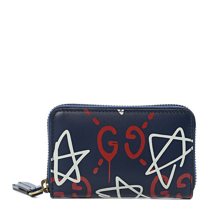 Gucci Calfskin GucciGhost Zip Around Card Case Blue Agata Hibiscus Red 1 of 8
