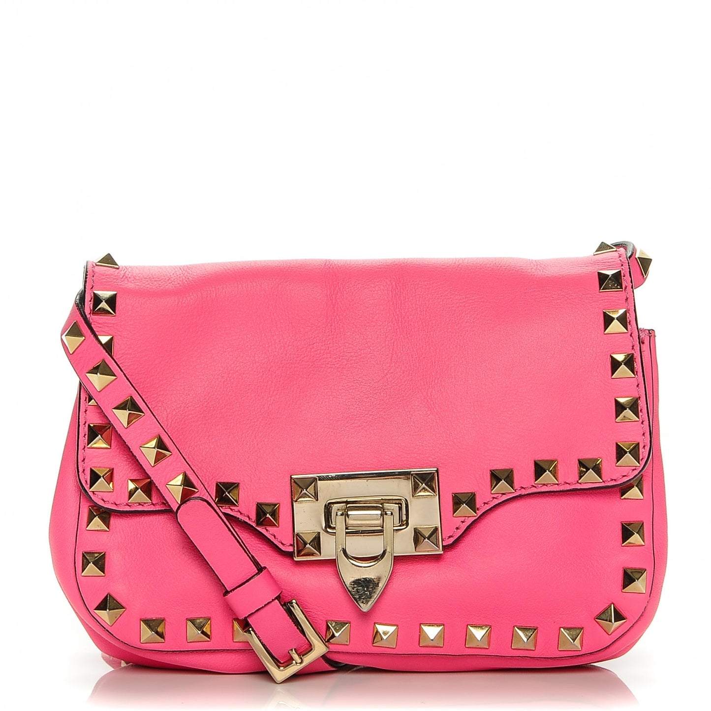 Vitello Mini Rockstud Flap Saddle Crossbody Bag Fuxia Fluo