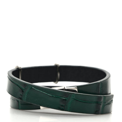 Saint Laurent Calfskin Crocodile Embossed Opyum Double Wrap Bracelet Green 3 of 4