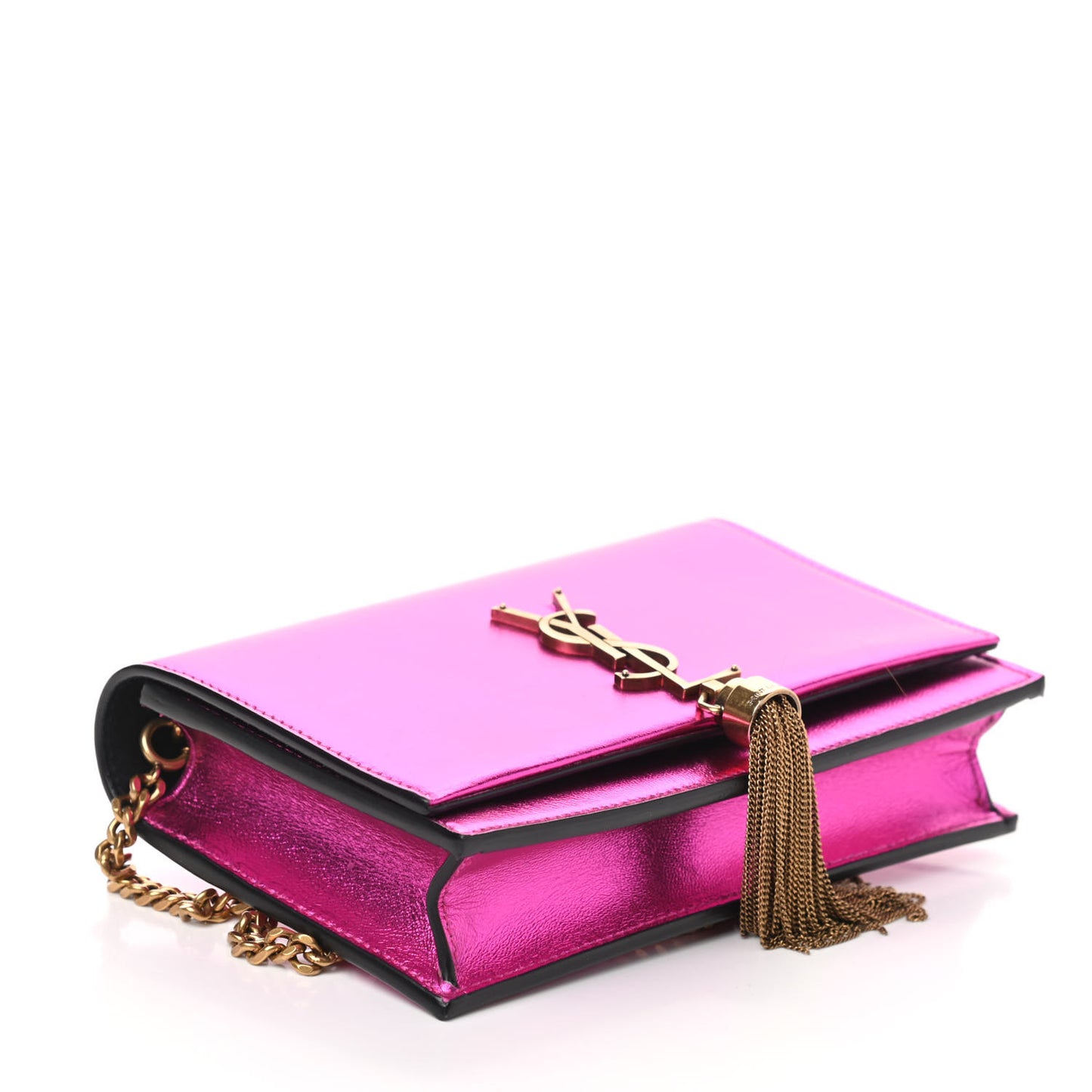 Metallic Calfskin Classic Monogram Kate Tassel Chain Wallet Fuchsia