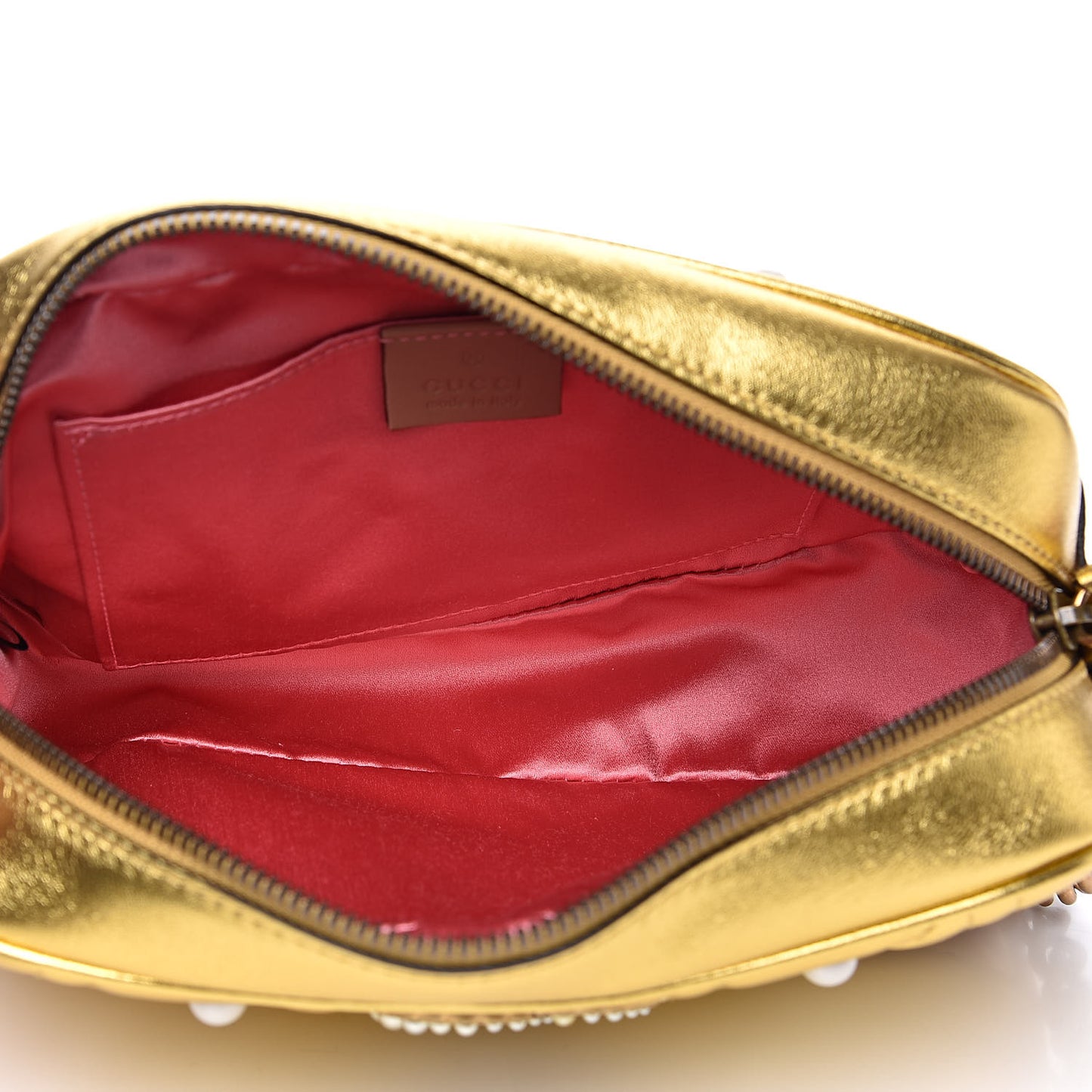 Metallic Calfskin Matelasse Studded Small Pearly GG Marmont Chain Shoulder Bag Gold