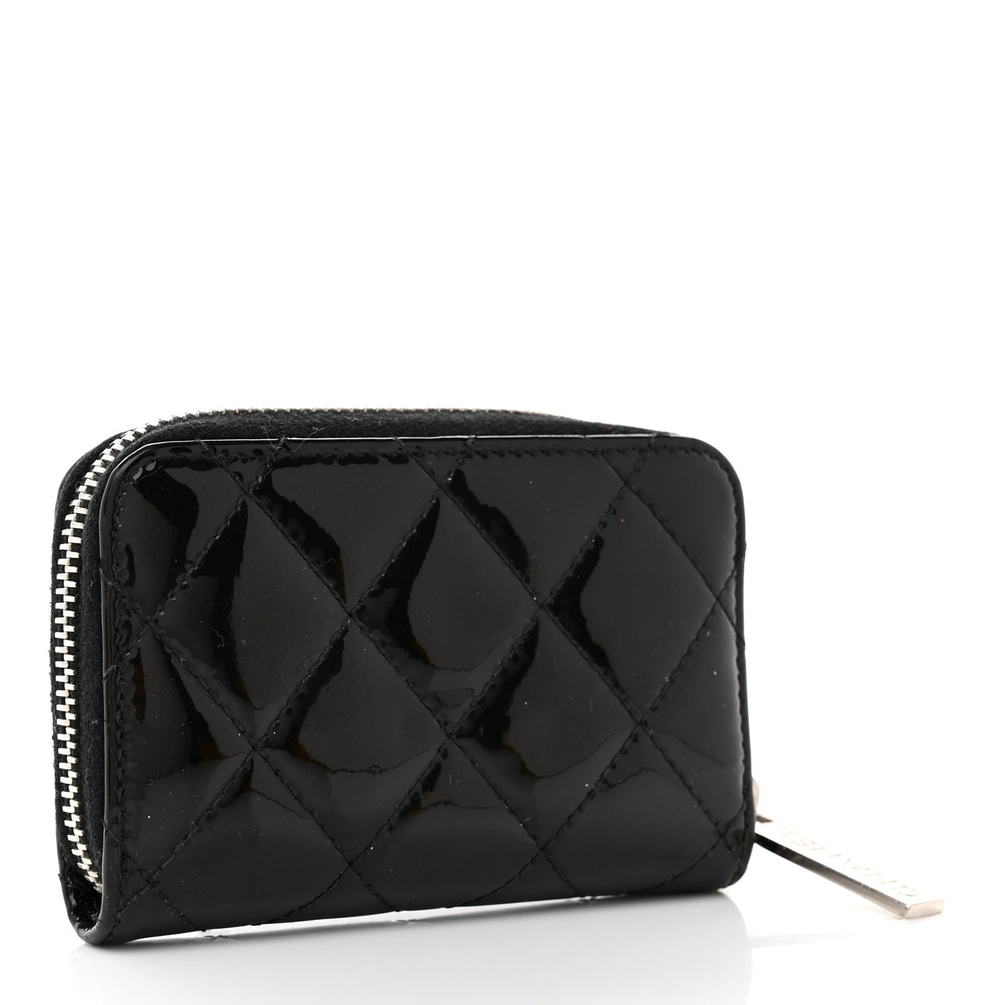 Patent Calfskin Quilted Brilliant Zip Coin Purse Wallet Black