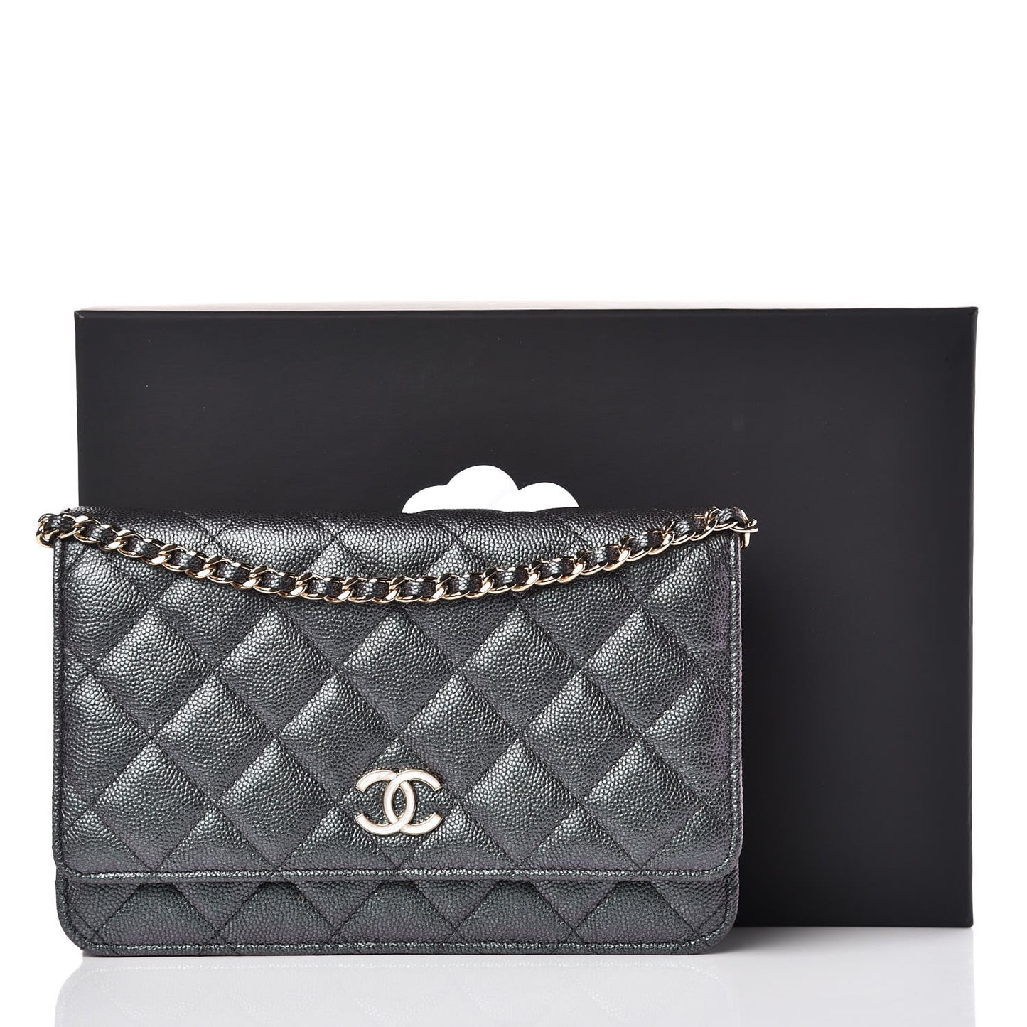 Iridescent Caviar Quilted Wallet On Chain WOC Black
