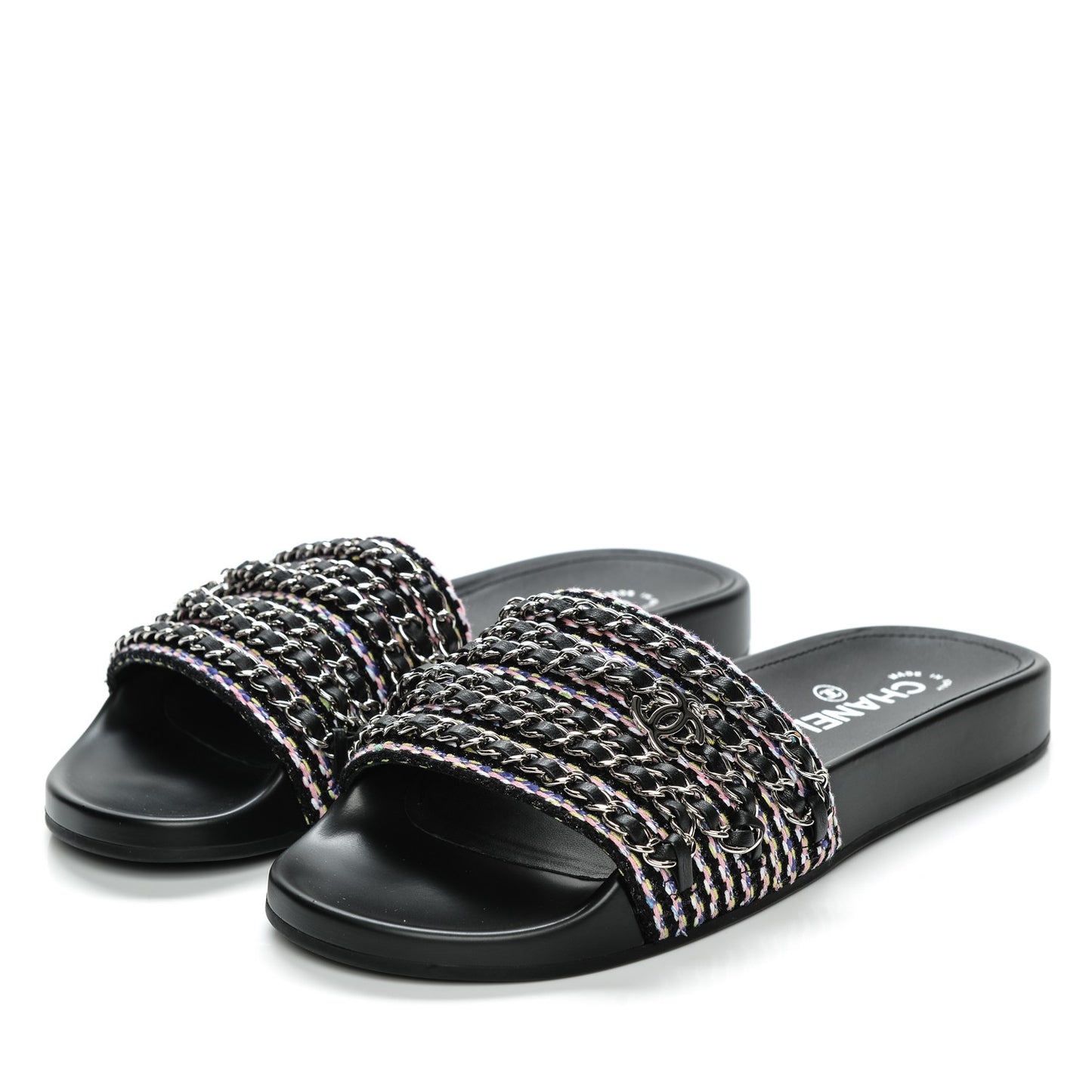 Tweed Lambskin Chain Flat Sandals 39 Black Multicolor