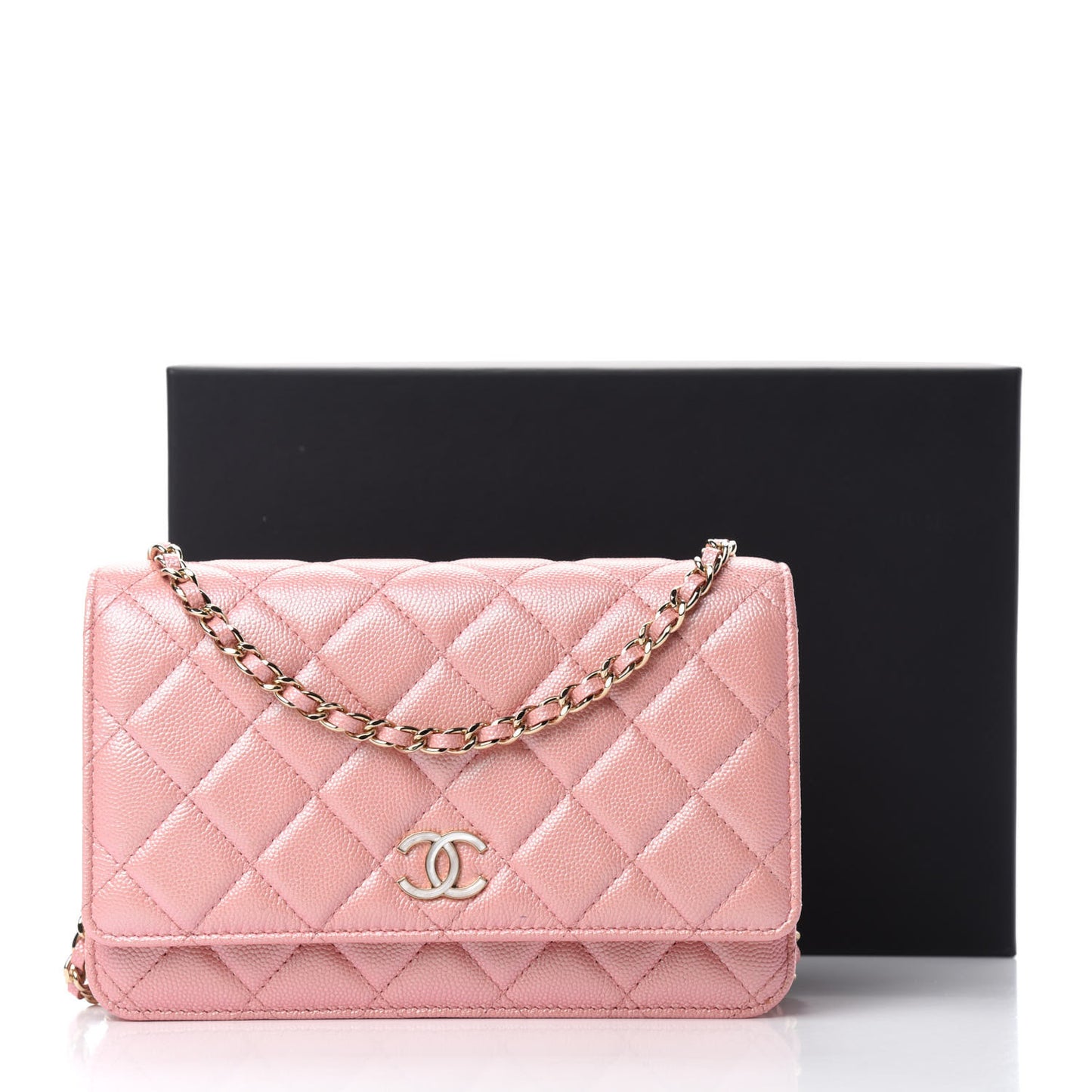 Iridescent Caviar Quilted Wallet on Chain WOC Rose Pink