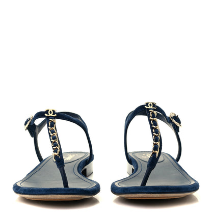Chanel Suede Calfskin Thong Sandals 38 Navy Blue 3 of 11