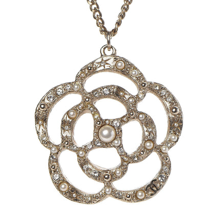 Chanel Crystal Pearl Camellia Necklace Gold 4 of 6