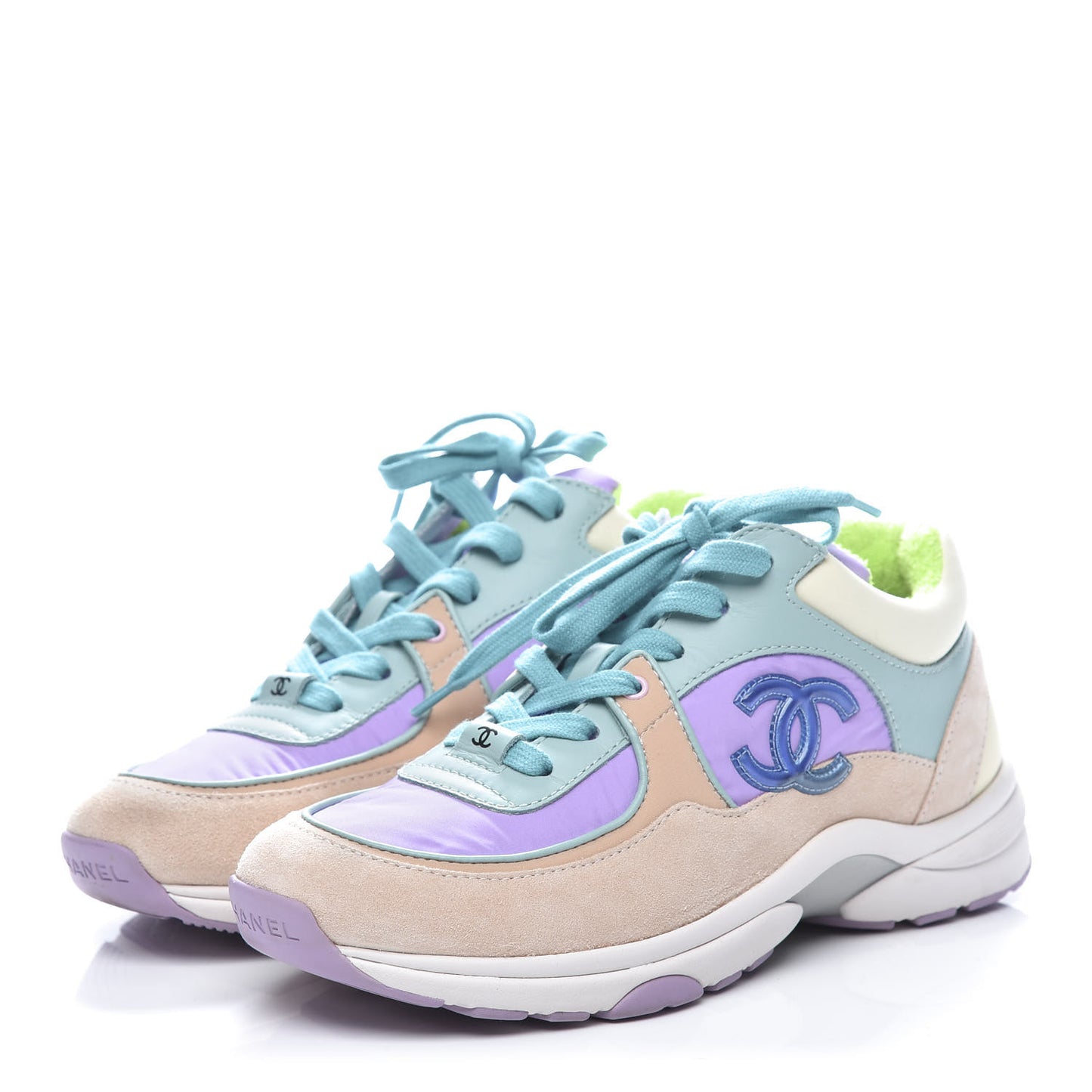 Nylon Lambskin Suede Calfskin CC Sneakers 36 Green Purple Pink