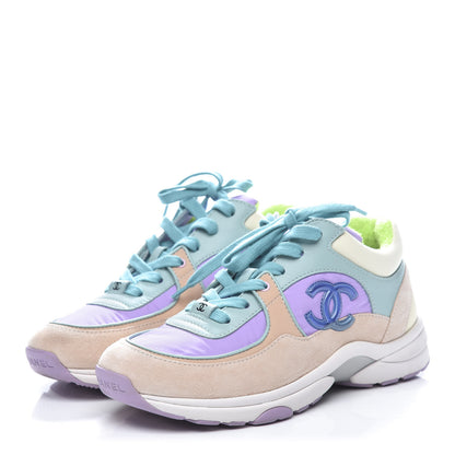 Chanel Nylon Lambskin Suede Calfskin CC Sneakers 36 Green Purple Pink 3 of 11
