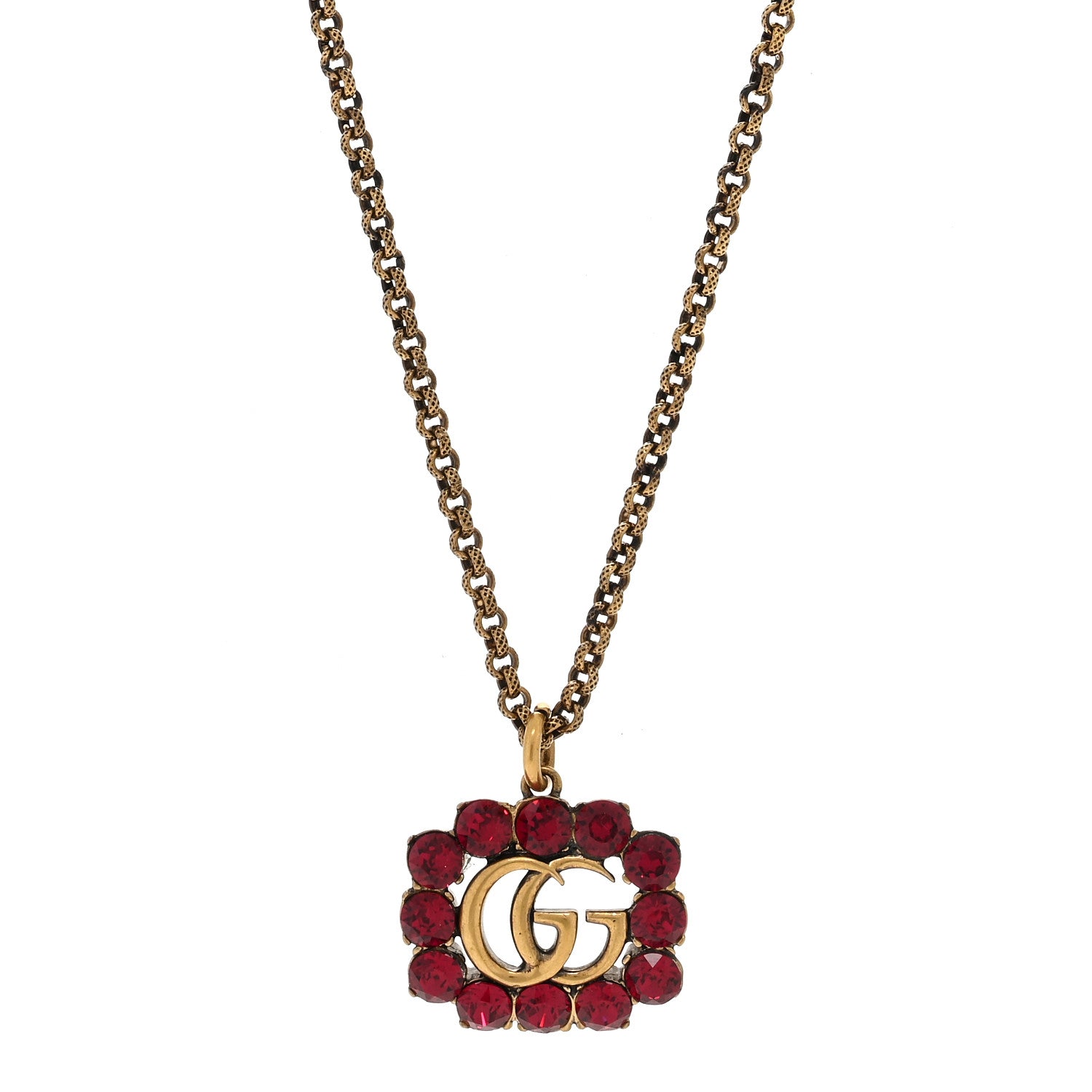 Gucci Crystal Embellished Double G Necklace Aged Gold Red 1 of 6