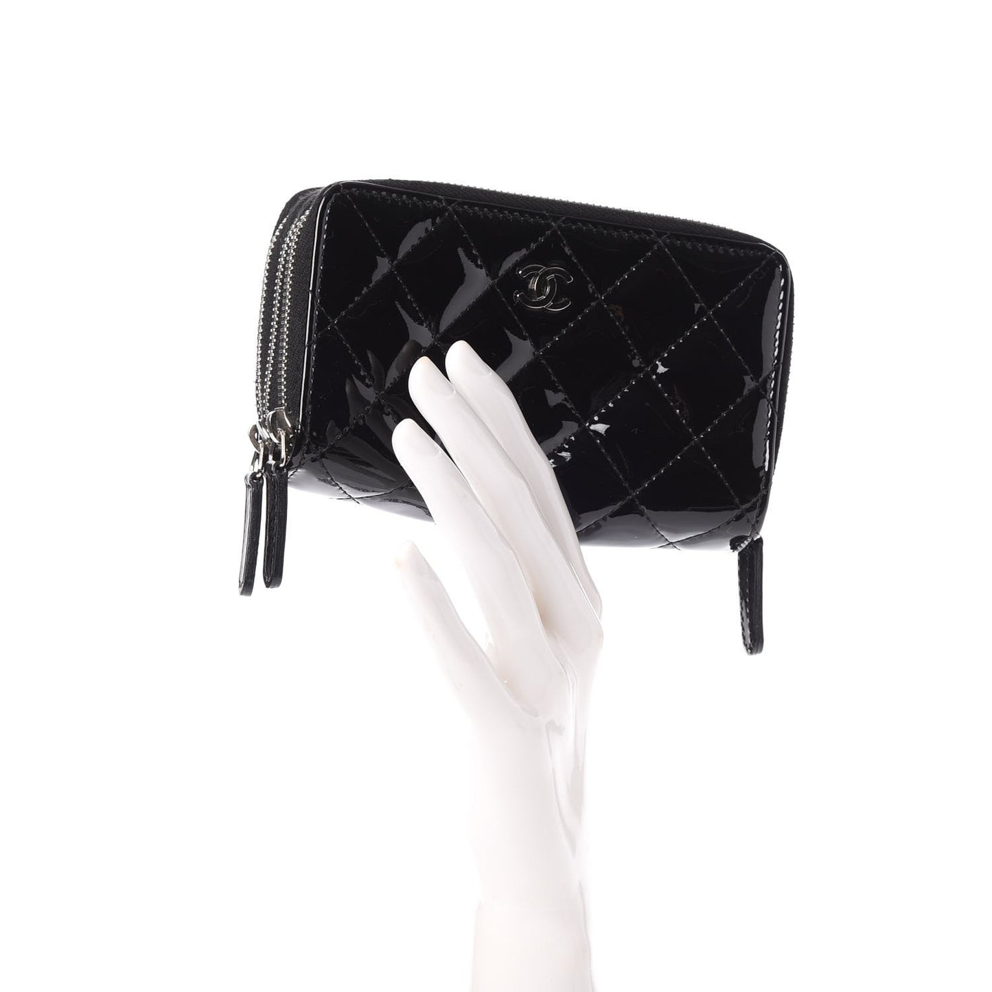 Patent Calfskin Quilted Zip Around Phone Holder Black