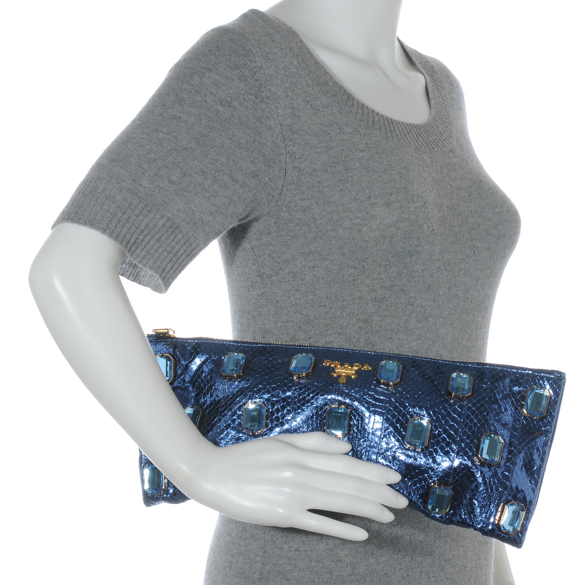 Prada Metallic Snakeskin Jeweled Clutch Denim 2 of 8