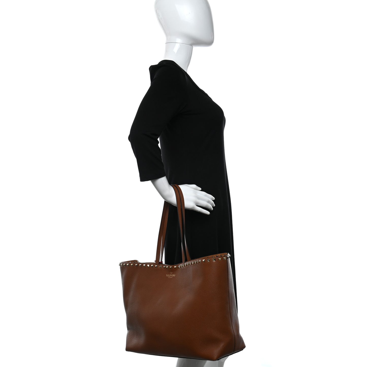 Grained Calfskin Rockstud Shoulder Tote Saddle Brown
