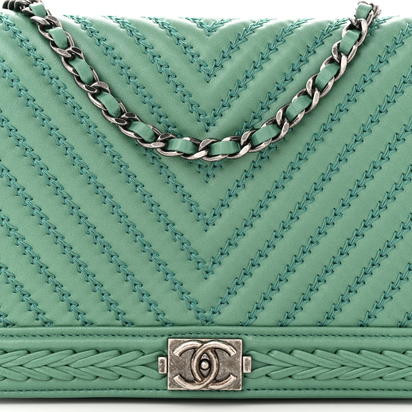 Calfskin Chevron Quilted Braided Boy Wallet On Chain WOC Blue