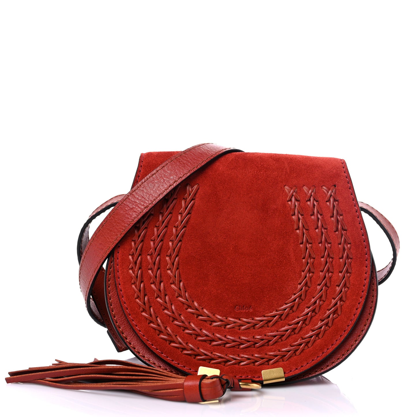 Suede Calfskin Braided Mini Marcie Round Crossbody Bag Red