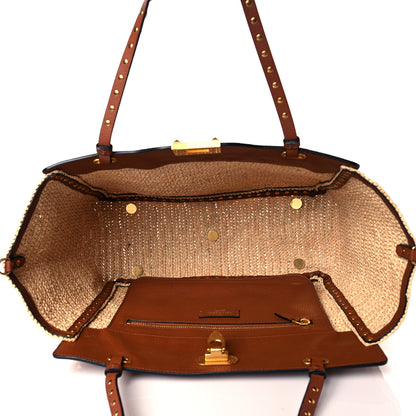Valentino Garavani Raffia Calfskin Rockstud Tote Naturale Saddle Brown 5 of 10