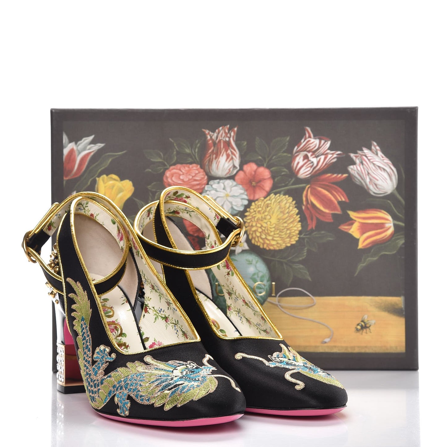 Satin Embroidered Dragon Caspar Pumps 38.5 Black