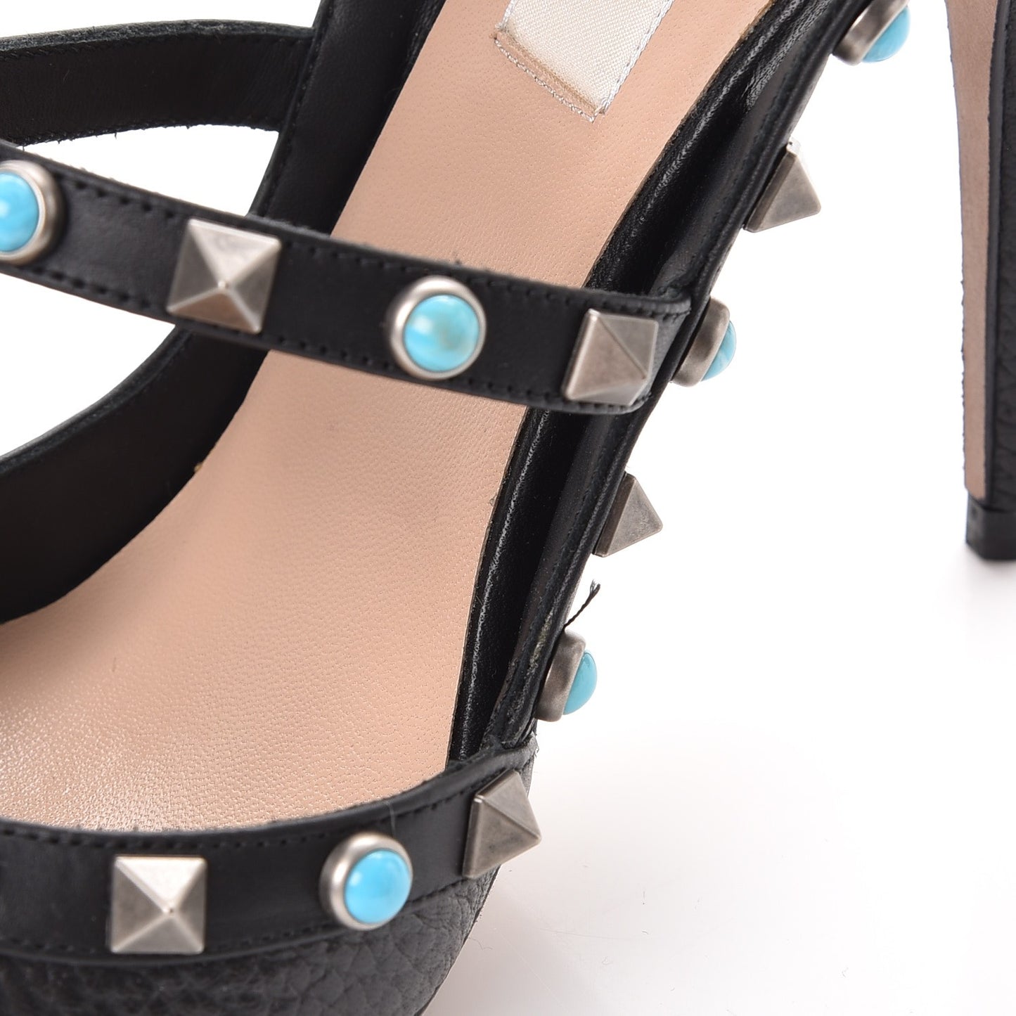 Pebbled Calfskin Turquoise Rockstud Rolling Ankle Strap 100mm Pumps 37 Black