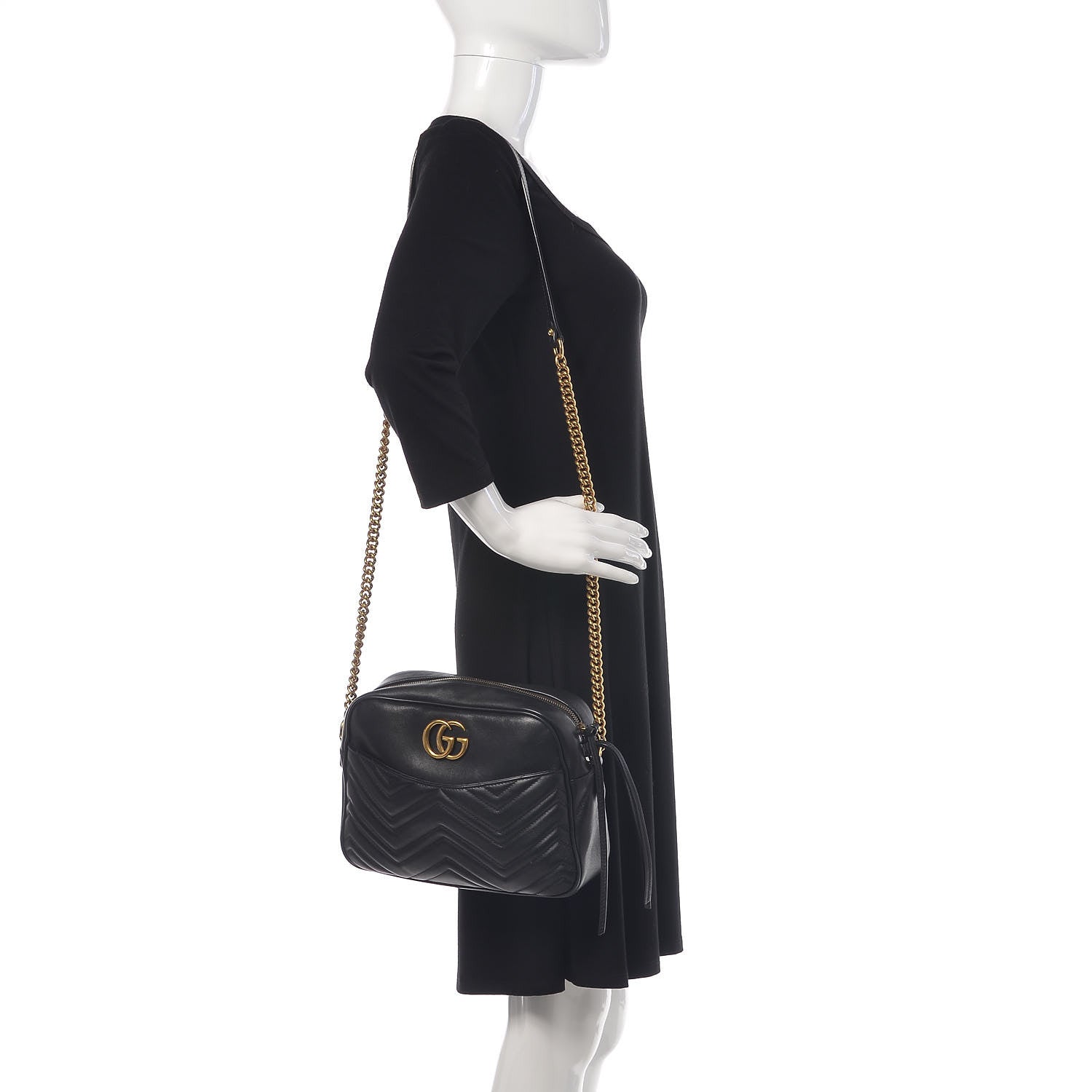 Gucci Calfskin Matelasse Medium GG Marmont Chain Shoulder Bag Black 2 of 12