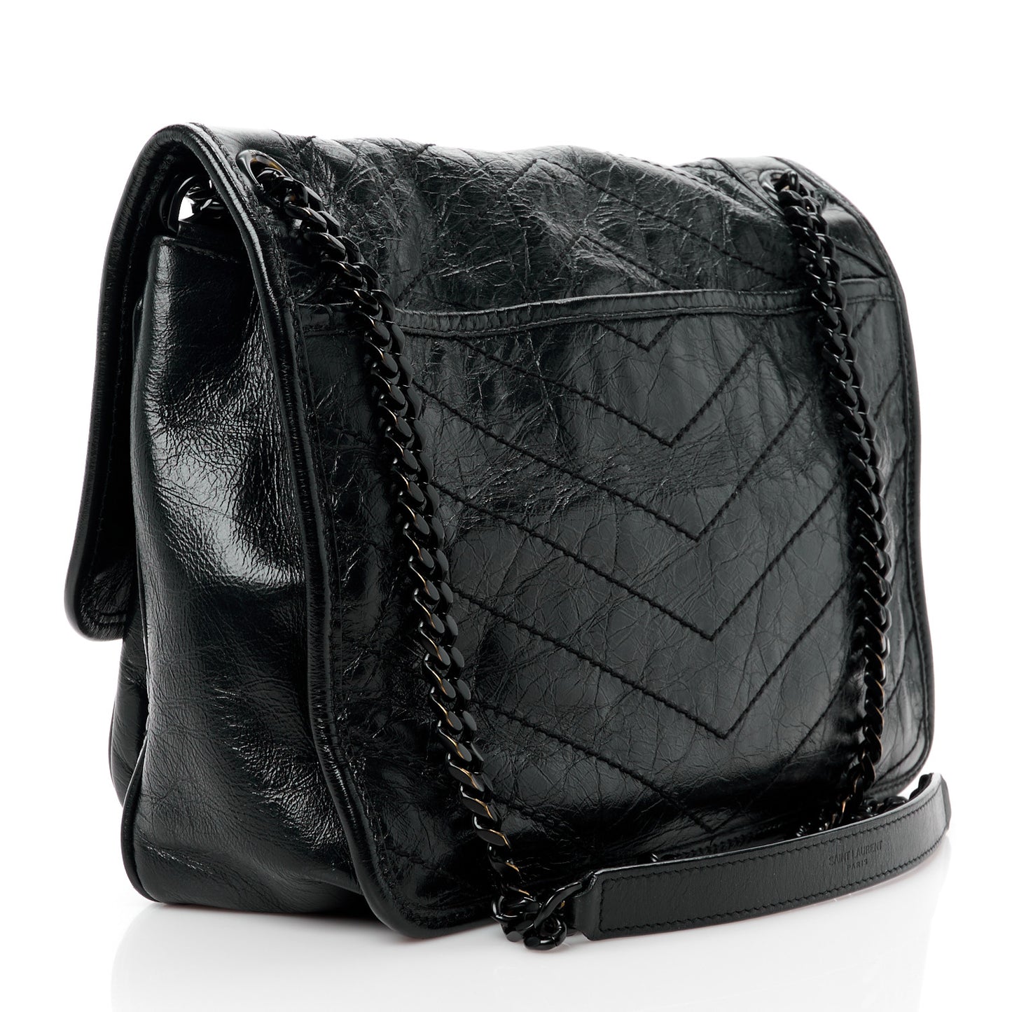 Crinkled Calfskin Matelasse Monogram Medium Niki Chain Satchel Black
