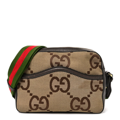 Gucci Monogram Jumbo GG Textured Dollar Calfskin Web Messenger Shoulder Bag Camel Ebony New Acero 1 of 9