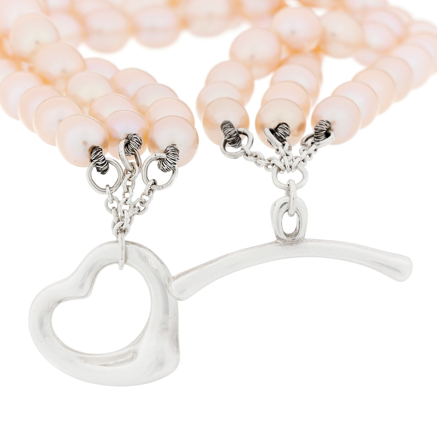 Sterling Silver Pink Pearl Elsa Peretti Three Strand Heart Toggle Bracelet